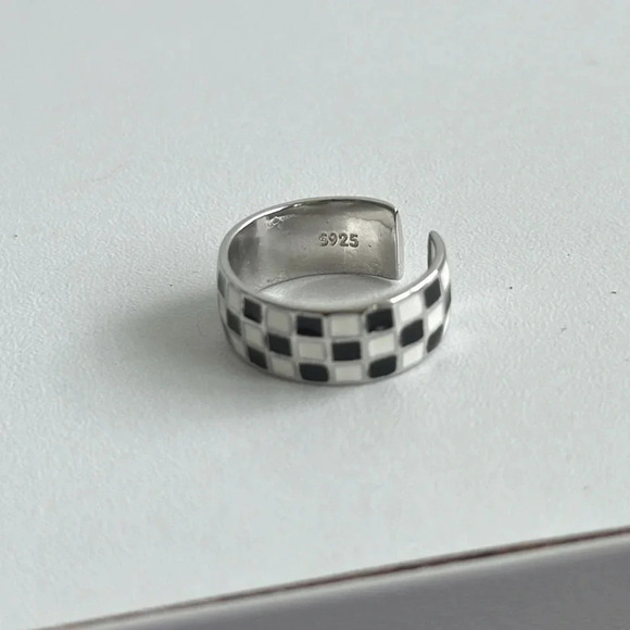 925 Sterling Silver Checkerboard Adjustable Ring - Picture 2 of 9